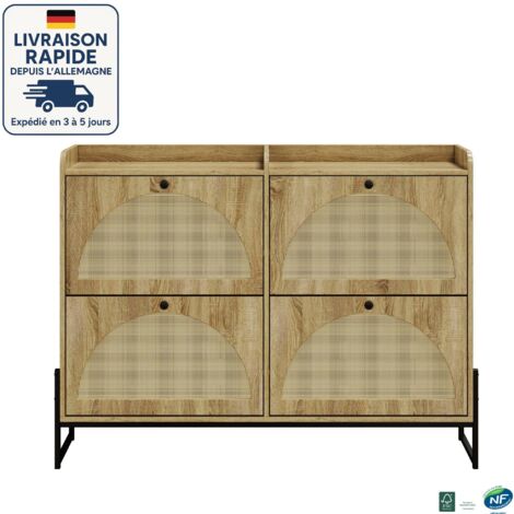 MODFU - Zapatero de 4 puertas, mueble de entrada para salón, patas de metal, 121×25×91 cm, color natural