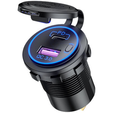 Modified USB charger, suitable for cars, motorcycles, and boats, with digital display, 3 USB ports and cigarette lighter adapter, blue.