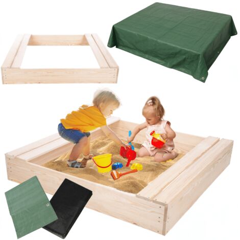 MODO24 Bac à sable en bois de jardin 120x117 cm, avec bancs, agrofibre incluse, avec bâche 2x2 m, naturel brut