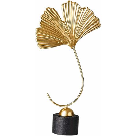 MODOU - Escultura De Metal De Hoja De Ginkgo Dorada, Pieza De Acento De Escultura De Hierro Y Madera Pequeña, Objeto Decorativo Moderno Para El Hogar, La Oficina, La Mesa Y El Escritorio