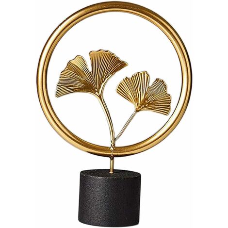 MODOU - Escultura De Metal De Hoja De Ginkgo Dorada, Pieza De Acento De Escultura De Hierro Y Madera Pequeña, Objeto Decorativo Moderno Para El Hogar, La Oficina, La Mesa Y El Escritorio