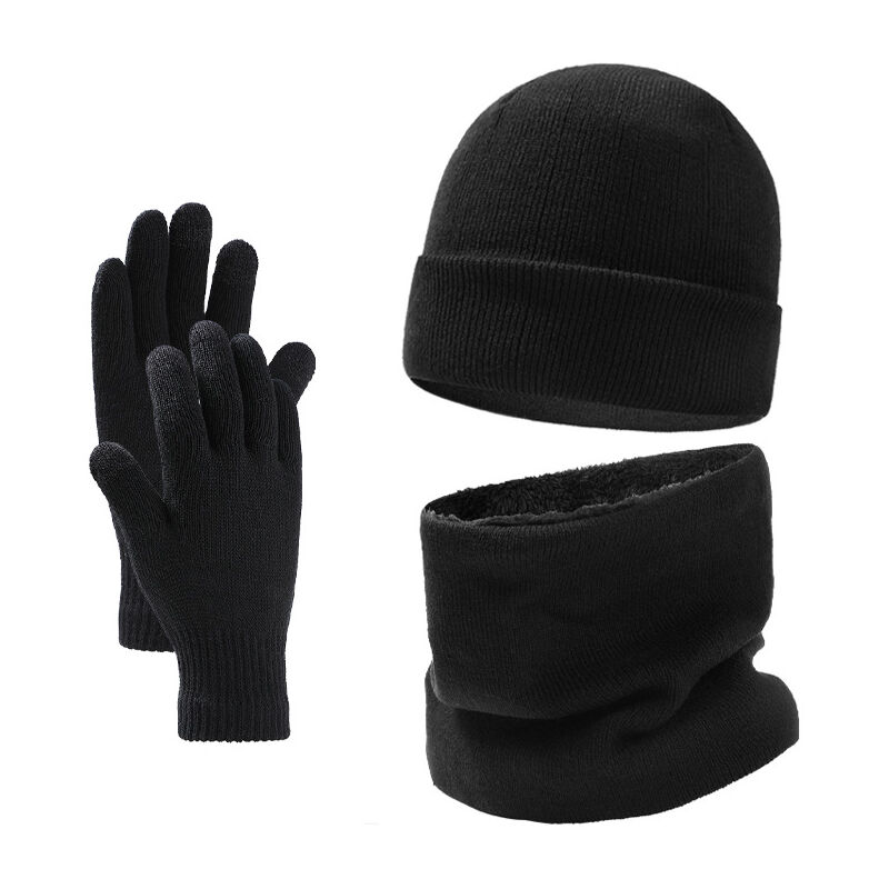 Knitted Winter Set Beanie Scarf 3 In 1 Touch Screen Gloves, Soft Fleece Lining Warm Knitted Beanie Stretchy Neck Gaiter 3 Finger Touch Gloves For Men