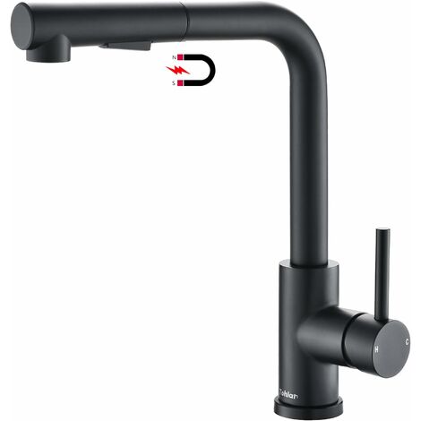 MODOU - Rociador de grifo de cocina negro, grifo de cocina con rociador extraíble, grifo de cocina con 2 modos de rociado, grifo de fregadero de acero inoxidable giratorio de 360 °