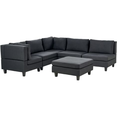 Modular Corner Sofa 5 Seater UNSTAD Fabric Black with Ottoman Right Hand
