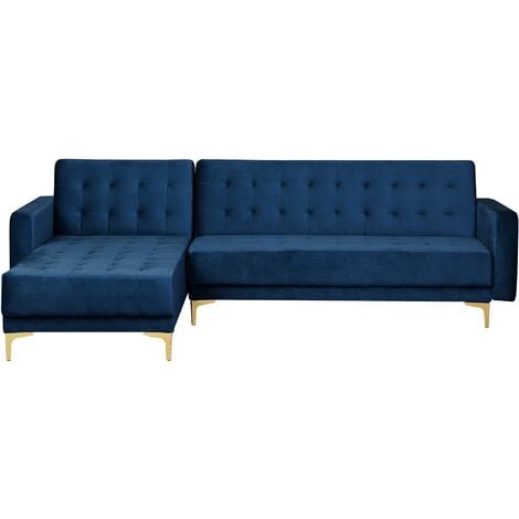 Modular Right Hand L-Shaped Corner Sofa Bed Navy Blue Velvet Tufted Aberdeen - Blue