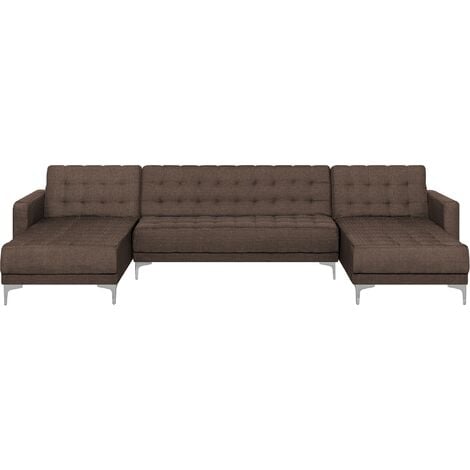 Modular U-Shaped Corner Sofa Bed 2 Chaises Brown Fabric Tufted Aberdeen - Brown