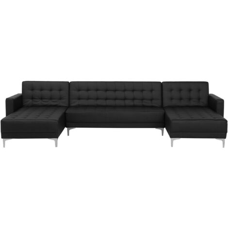 Modular U-Shaped Corner Sofa Bed 3 Seater 2 Chaises Black PU Leather Aberdeen - Black