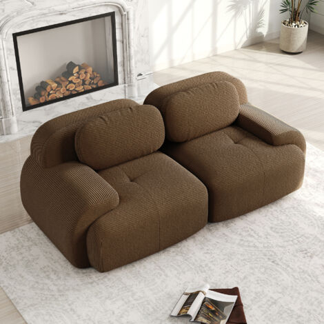 Modulares 2-Sitzer-Cordsofa, kein Aufbau erforderlich, mit geschwungenen Armlehnen und rutschfester Unterseite, braune Farbe