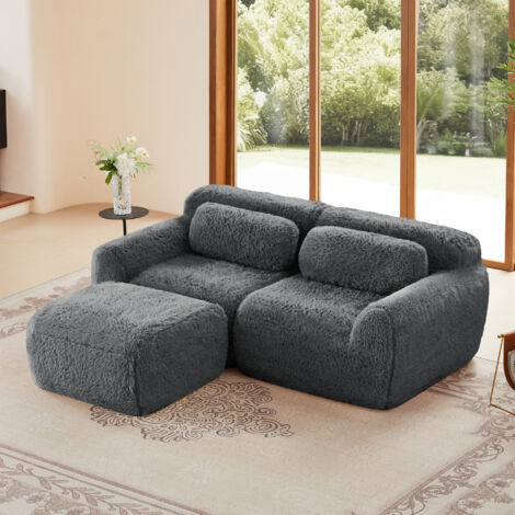 Modulares 2-Sitzer-Sofa in L-Form mit geschwungener Rückenlehne und Chaiselongue, bezogen mit weichem Stoff, bietet Platz für 2 bis 4 Personen, Farbe: Grau