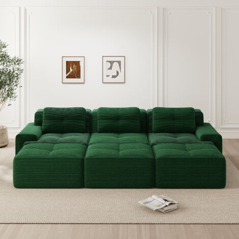 Modulares 3-Sitzer Ecksofa, mit 3 Hockern - Eck-Konfiguration, ultrabequem in Cordvelours - Grün