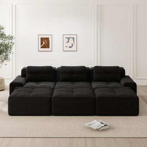 Modulares 3-Sitzer Ecksofa, mit 3 Hockern - Eck-Konfiguration, ultrabequem in Cordvelours - Schwarz