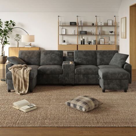 Modulares 4-6-Sitzer-Sofa – 315 x 81 x 135 cm – mit 2 Getränkehaltern, 1 USB-Anschluss, 2 Steckdosen und 2 Typ-C-Anschlüsse – grauer Cord