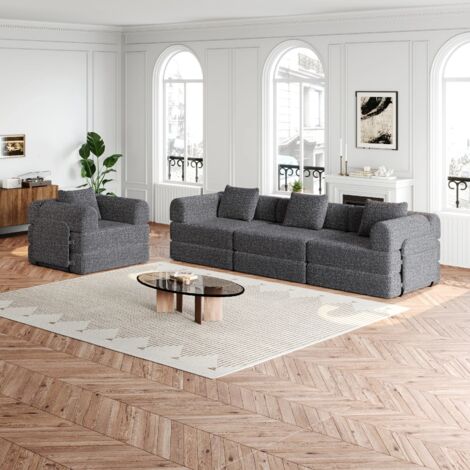 Modulares 4-Sitzer-Sofa mit Fach, 2-in-1 Chenille-Schlafsofa, Armlehnen-Staufach, 3 Stahlrahmen, einfache Montage,Grau