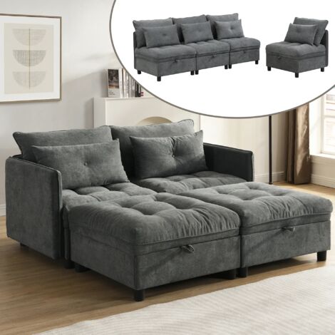 Modulares 4-Sitzer Sofa mit verstecktem Stauraum, Wandlungsfähig in Doppelbett, Weicher Chenille-Stoff, Ideal für Wohnzimmer/Familie, Grau