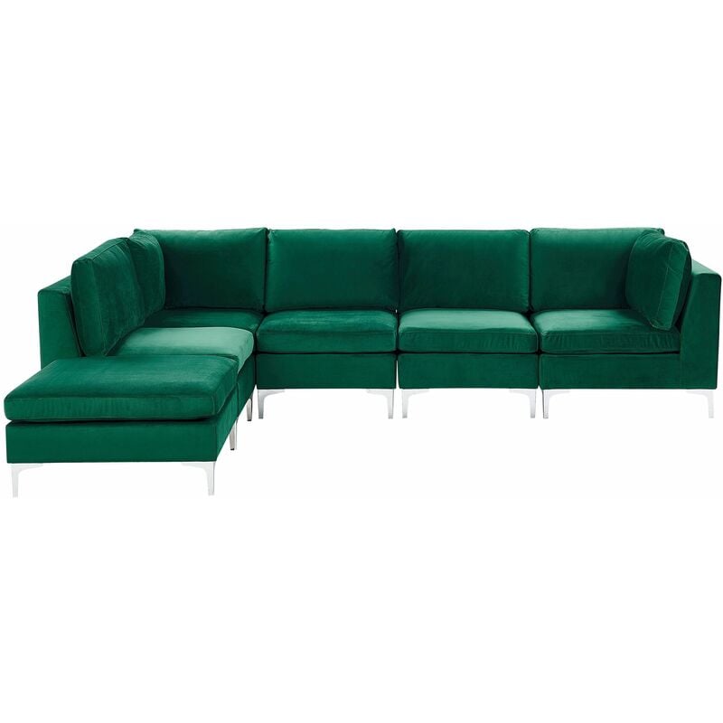 Modulares Ecksofa mit Ottomane rechtsseitig Grün Polsterbezug aus Samtstoff 5-Sitzer mit Metallgestell Silber Wohnzimmer Salon Möbel - Grün