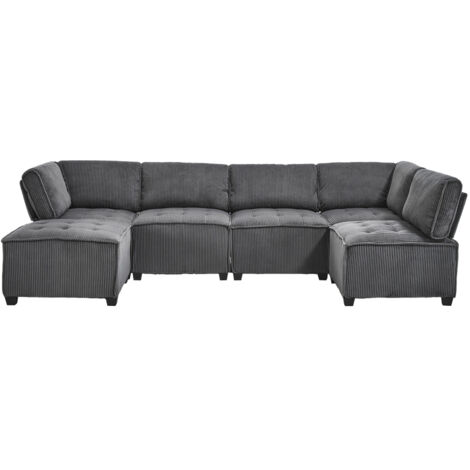 Modulares 6-Sitzer-Sofa, Cordstoff, ergonomisch, Stauraumtaschen, flexibel kombinierbar als U-Form/L-Form/Schlafsofa, stabile Holz- und Metallstruktur, einfacher Aufbau, Grau
