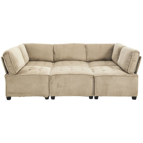 Modulares 6-Sitzer-Sofa, Cordstoff, ergonomisch, Stauraumtaschen, flexibel kombinierbar als U-Form/L-Form/Schlafsofa, stabile Holz- und Metallstruktur, einfacher Aufbau,khaki