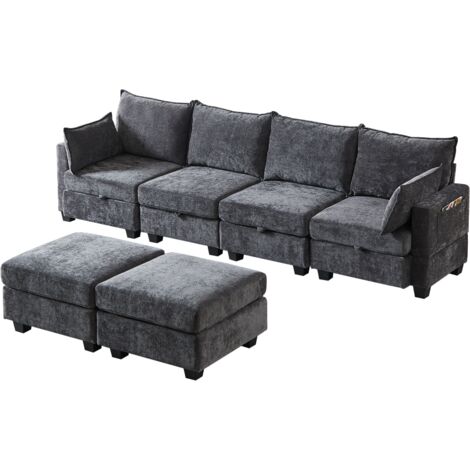 Modulares Chenille-Sofa, Ecksofas für das Wohnzimmer U-förmiges Ecksofa mit Stauraum-Ottomane, 6-Sitzer-Ecksofas mit Chaiselongue