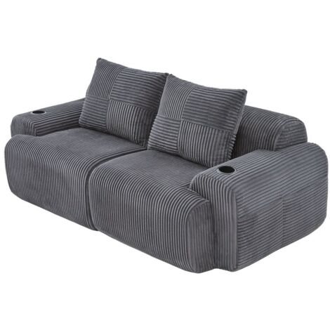 Modulares Cordsofa für 2 Personen, frei kombinierbar, vakuumverpackt inklusive Getränkehalter und seitlicher Aufbewahrungstasche. Ideal für Wohnzimmer, Familienzimmer und weitere Räume.Dunkelgrau