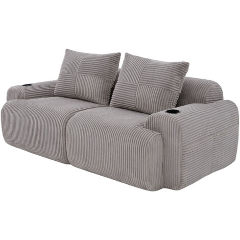 Modulares Cordsofa für 2 Personen, frei kombinierbar, vakuumverpackt inklusive Getränkehalter und seitlicher Aufbewahrungstasche. Ideal für Wohnzimmer, Familienzimmer und weitere Räume.Hellgrau