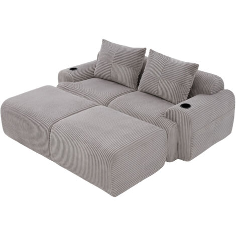 Modulares Cordsofa für 2 Personen (mit 2 Hockern), frei kombinierbar, inklusive Getränkehalter und seitlicher Aufbewahrungstasche, ideal für Wohnzimmer, Familienzimmer und weitere Räume.khaki.Hellgrau