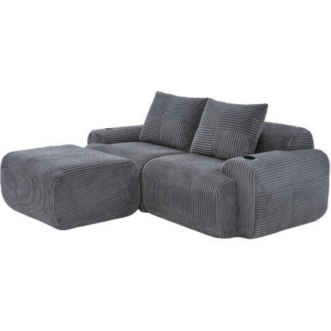 Modulares Cordsofa für 2 Personen (mit Hockern), frei kombinierbar, inklusive Getränkehalter und seitlicher Aufbewahrungstasche, ideal für Wohnzimmer, Familienzimmer und weitere Räume.Dunkelgrau