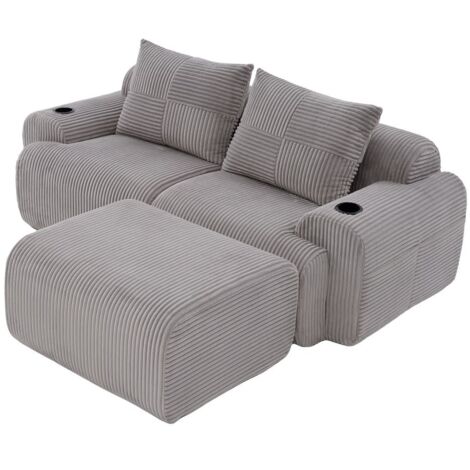 Modulares Cordsofa für 2 Personen (mit Hockern), frei kombinierbar, inklusive Getränkehalter und seitlicher Aufbewahrungstasche, ideal für Wohnzimmer, Familienzimmer und weitere Räume.Hellgrau