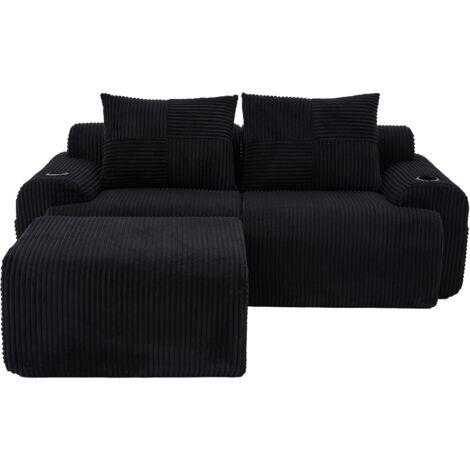Modulares Cordsofa für 2 Personen (mit Hockern), frei kombinierbar, inklusive Getränkehalter und seitlicher Aufbewahrungstasche, ideal für Wohnzimmer, Familienzimmer und weitere Räume.Schwarz
