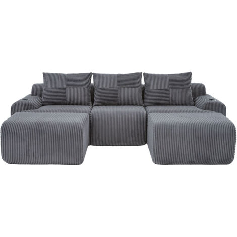 Modulares Cordsofa für 3 Personen (mit 2 Hockern), frei kombinierbar, inklusive Getränkehalter und seitlicher Aufbewahrungstasche, ideal für Wohnzimmer, Familienzimmer und weitere Räume.Dunkelgrau