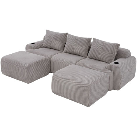 Modulares Cordsofa für 3 Personen (mit 2 Hockern), frei kombinierbar, inklusive Getränkehalter und seitlicher Aufbewahrungstasche, ideal für Wohnzimmer, Familienzimmer und weitere Räume.Hellgrau