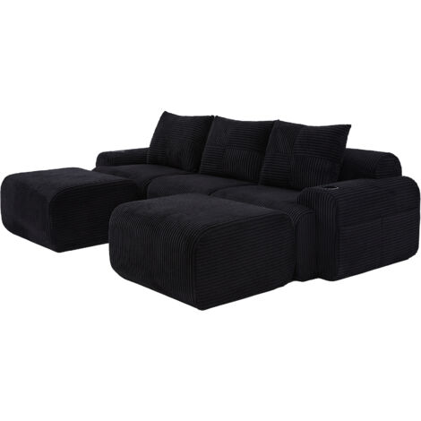 Modulares Cordsofa für 3 Personen (mit 2 Hockern), frei kombinierbar, inklusive Getränkehalter und seitlicher Aufbewahrungstasche, ideal für Wohnzimmer, Familienzimmer und weitere Räume.Schwarz