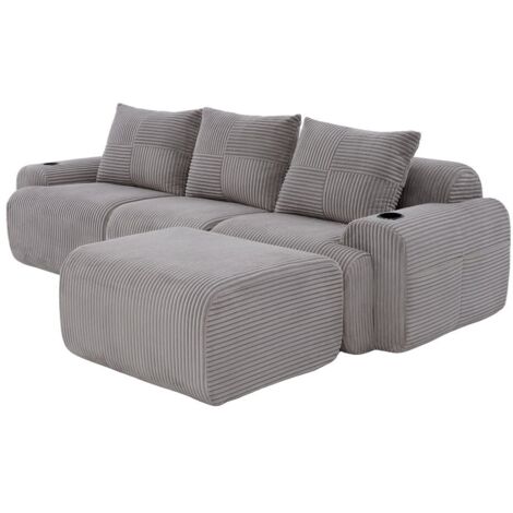 Modulares Cordsofa für 3 Personen (mit Hockern), frei kombinierbar, inklusive Getränkehalter und seitlicher Aufbewahrungstasche, ideal für Wohnzimmer, Familienzimmer und weitere Räume. Hellgrau