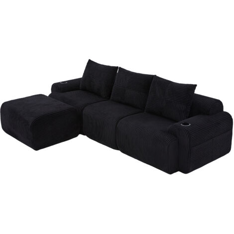 Modulares Cordsofa für 3 Personen (mit Hockern), frei kombinierbar, inklusive Getränkehalter und seitlicher Aufbewahrungstasche, ideal für Wohnzimmer, Familienzimmer und weitere Räume.Schwarz