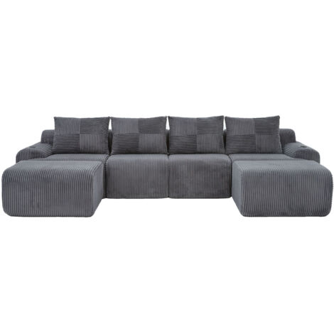 Modulares Cordsofa für 4 Personen (mit 2 Hockern), frei kombinierbar, inklusive Getränkehalter und seitlicher Aufbewahrungstasche, ideal für Wohnzimmer, Familienzimmer und weitere Räume.Dunkelgrau