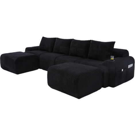 Modulares Cordsofa für 4 Personen (mit 2 Hockern), frei kombinierbar, inklusive Getränkehalter und seitlicher Aufbewahrungstasche, ideal für Wohnzimmer, Familienzimmer und weitere Räume.Schwarz