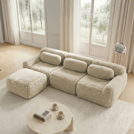 Modulares Ecksofa, Tiefe Sitzfläche rahmenlos mit rutschfester Unterseite, Plüschstoff, Hellkhaki