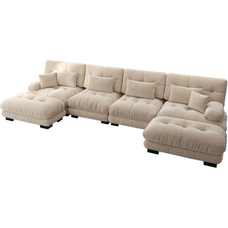 Modulares Ecksofa, U-förmiges Couch Set für Wohnzimmer, 4-Sitzer Komfortable Cloud Couches mit beweglichem Ottoman, DIY-Kombination, Chenille, Hellbraun