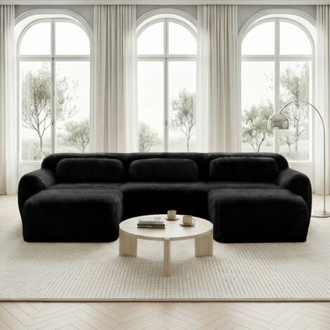 Modulares L-förmiges Ecksofa – 291 x 179 x 73 cm – Tiefes Sofa aus Plüschstoff mit 2 Hockern und Kissen – Schwarz