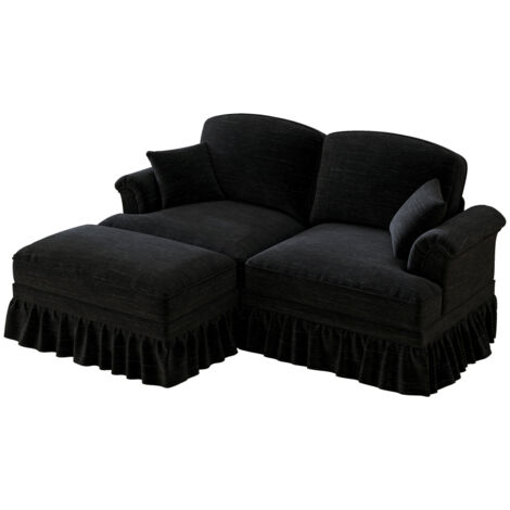 Modulares Mid-Century L-förmiges 2-Sitzer Sofa aus Chenille mit Trichter-Armlehnen, abnehmbarer Rüschenschürze, spindelförmigen Beinen & beweglichem Hocker – Tiefer Sitzkomfort fürs Wohnzimmer,Schwarz