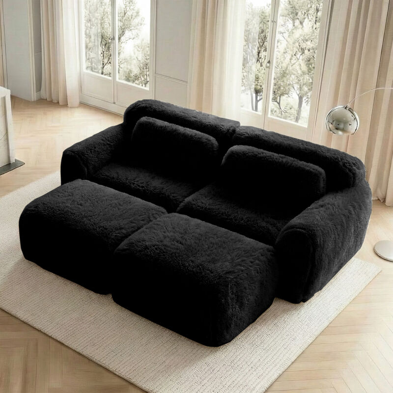 Stilvora Modulares Schlafsofa 2-sitzer Klappsofa Mit 2 Ottomane, Boneless Design, Plüsch Schwarz