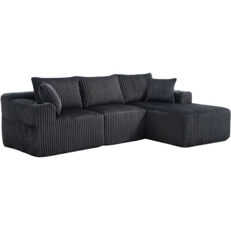 Modulares Sofa Set mit Chaiselongue & 2-Sitzer, weicher Cordbezug, mit 5 Kissen, seitliche Taschen & Getränkehalter, hochdichter Schaumstoff, DIY-Kombination, Ideal für Wohnzimmer, Apartment & Studio.