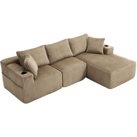 Modulares Sofa Set mit Chaiselongue & 2-Sitzer, weicher Cordbezug, mit 5 Kissen, seitliche Taschen & Getränkehalter, hochdichter Schaumstoff, DIY-Kombination, Ideal für Wohnzimmer, Apartment & Studio.