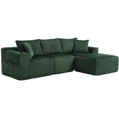 Modulares Sofa Set mit Chaiselongue & 2-Sitzer, weicher Cordbezug, mit 5 Kissen, seitliche Taschen & Getränkehalter, hochdichter Schaumstoff, DIY-Kombination, Ideal für Wohnzimmer, Apartment & Studio.