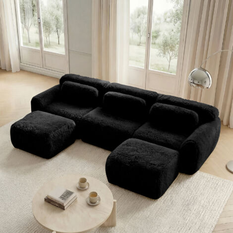 Modulares U-förmiges Sofa, Ohne Montage, Rutschfeste Basis mit Breiter Sitzfläche und Kissen, Plüsch, Schwarz