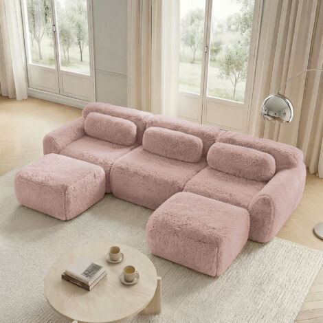 Modulares U Sofa, Ohne Montage mit Rutschfester Basis und Breiter Sitzfläche, Plüschstoff, Rosa