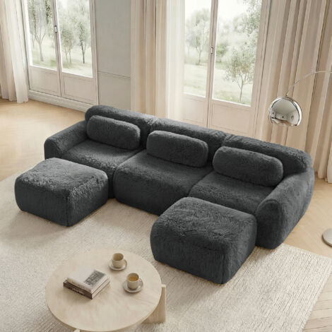 Modulares U Sofa, ohne Montage, rutschfeste Basis mit Kissen, breite Sitzfläche, Plüschstoff, Grau
