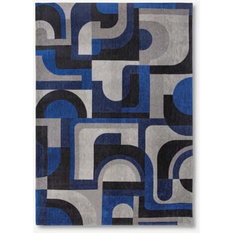 MODULDESIGN – GEOMETRISCHER TEPPICH IN NUANCEN – Hergestellt in Belgien – Mechanisches Jacquard-Flachgewebe – Handveredelt – Natürliche Rutschfestigkeit – 100 % Polyester – Weimarblau – 280 x 390 cm