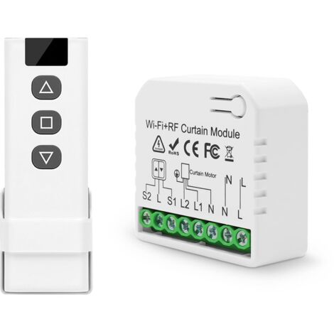 Module de commande intelligent pour stores enrouleurs  Interrupteur Wi-Fi dédié (télécommande RF 433 MHz)  Compatible avec Tuya, Alexa et Google Home (commande vocale)  Fonction de programmation