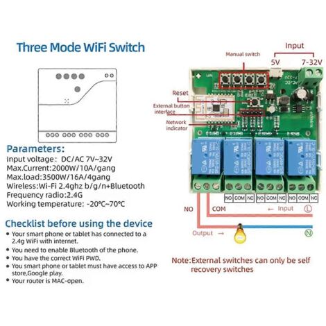 Module de commutation WiFi intelligent à 4 canaux 7-32 V