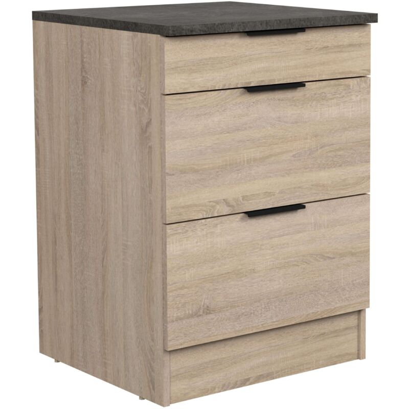 Module de cuisine inférieur de style moderne Arko en chêne brut et noir avec 3 tiroirs 60x86x60 cm mélamine